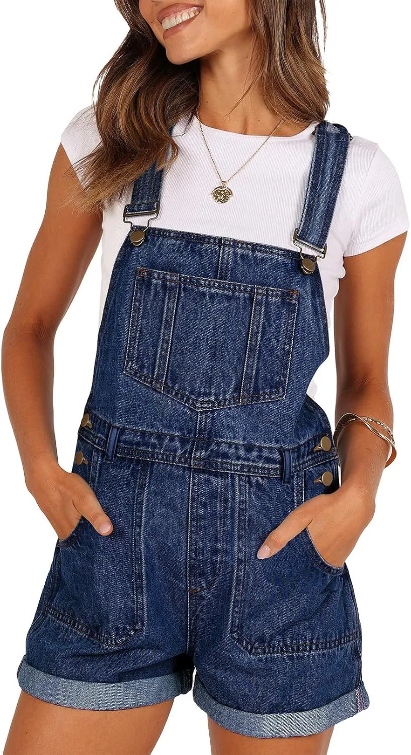 Pink Queen Women's Denim Shortalls Casual Adjustable Straps High Waist Bib Jeans Overalls Shorts Romper with Pockets