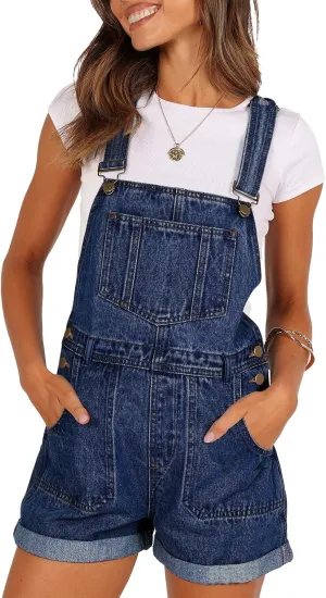 Pink Queen Women's Denim Shortalls Casual Adjustable Straps High Waist Bib Jeans Overalls Shorts Romper with Pockets