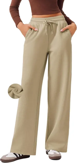 PINSPARK Womens Fleece Wide Leg Sweatpants High Waisted Athletic Sweat Pants Winter Baggy Workout Pant with Pocket