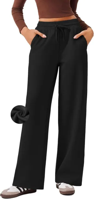 PINSPARK Womens Fleece Wide Leg Sweatpants High Waisted Athletic Sweat Pants Winter Baggy Workout Pant with Pocket