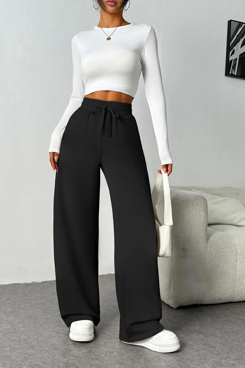 PINSPARK Womens Fleece Wide Leg Sweatpants High Waisted Athletic Sweat Pants Winter Baggy Workout Pant with Pocket