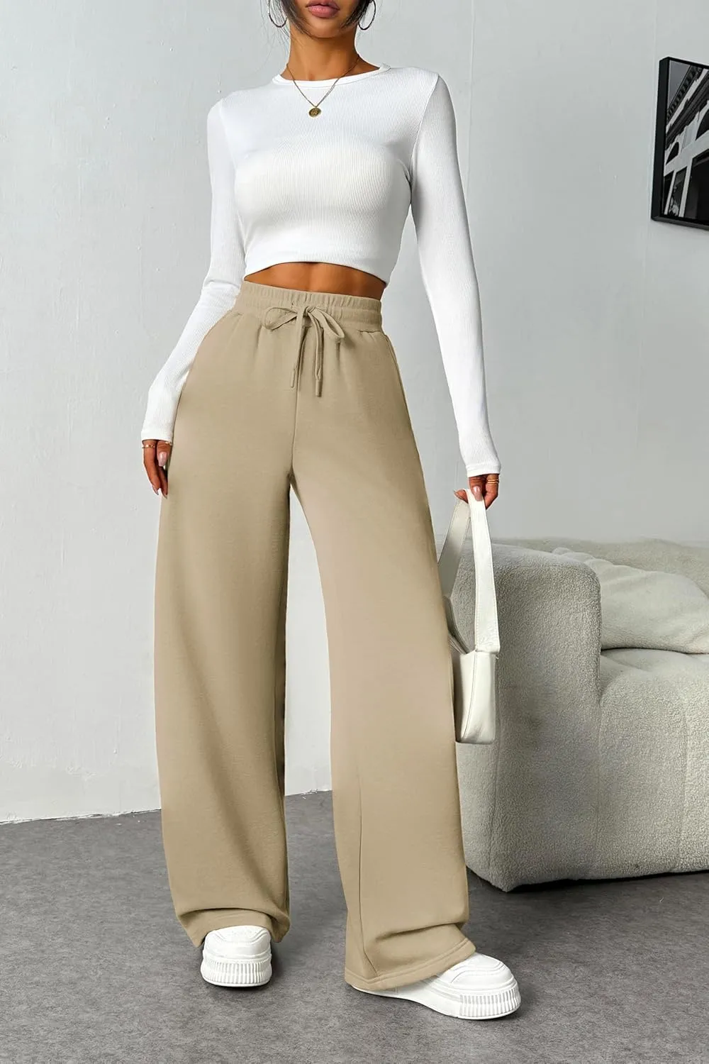 PINSPARK Womens Fleece Wide Leg Sweatpants High Waisted Athletic Sweat Pants Winter Baggy Workout Pant with Pocket