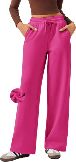 PINSPARK Womens Fleece Wide Leg Sweatpants High Waisted Athletic Sweat Pants Winter Baggy Workout Pant with Pocket
