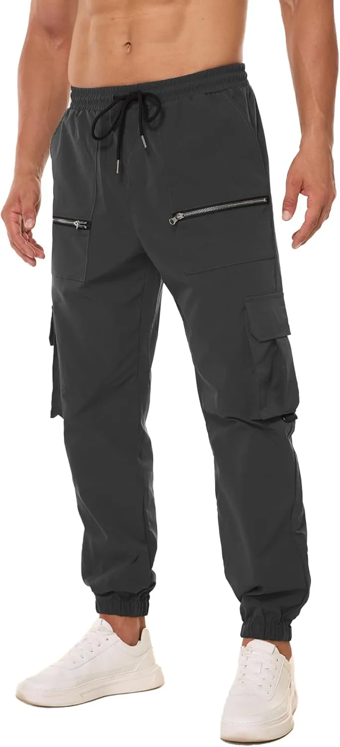 PLEPAN Men's Casual Cargo Pants Elastic Waist Drawstring Joggers Pants Tapered Sweatpants for Men Multi Pockets
