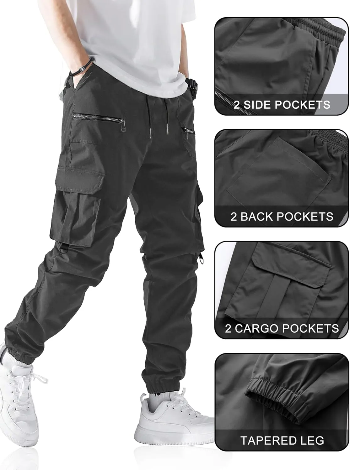PLEPAN Men's Casual Cargo Pants Elastic Waist Drawstring Joggers Pants Tapered Sweatpants for Men Multi Pockets
