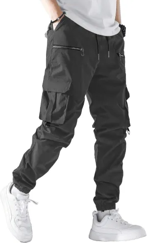 PLEPAN Men's Casual Cargo Pants Elastic Waist Drawstring Joggers Pants Tapered Sweatpants for Men Multi Pockets