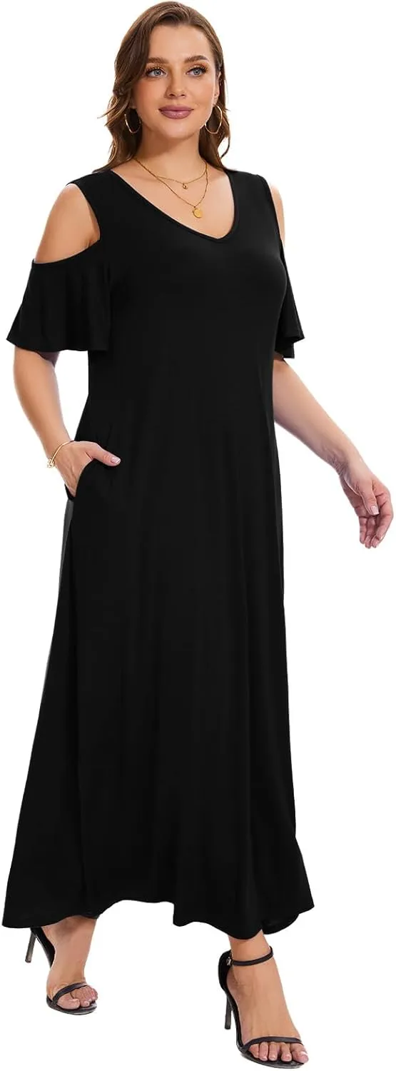 Plus Size Dresses for Women Summer V Neck Cold Shoulder Short Sleeve Split Long Beach Dresses with Pockets