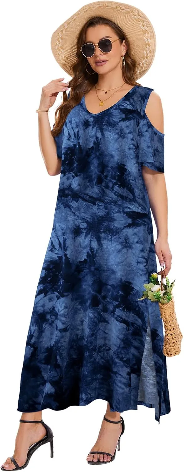 Plus Size Dresses for Women Summer V Neck Cold Shoulder Short Sleeve Split Long Beach Dresses with Pockets