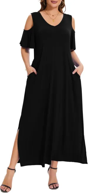 Plus Size Dresses for Women Summer V Neck Cold Shoulder Short Sleeve Split Long Beach Dresses with Pockets