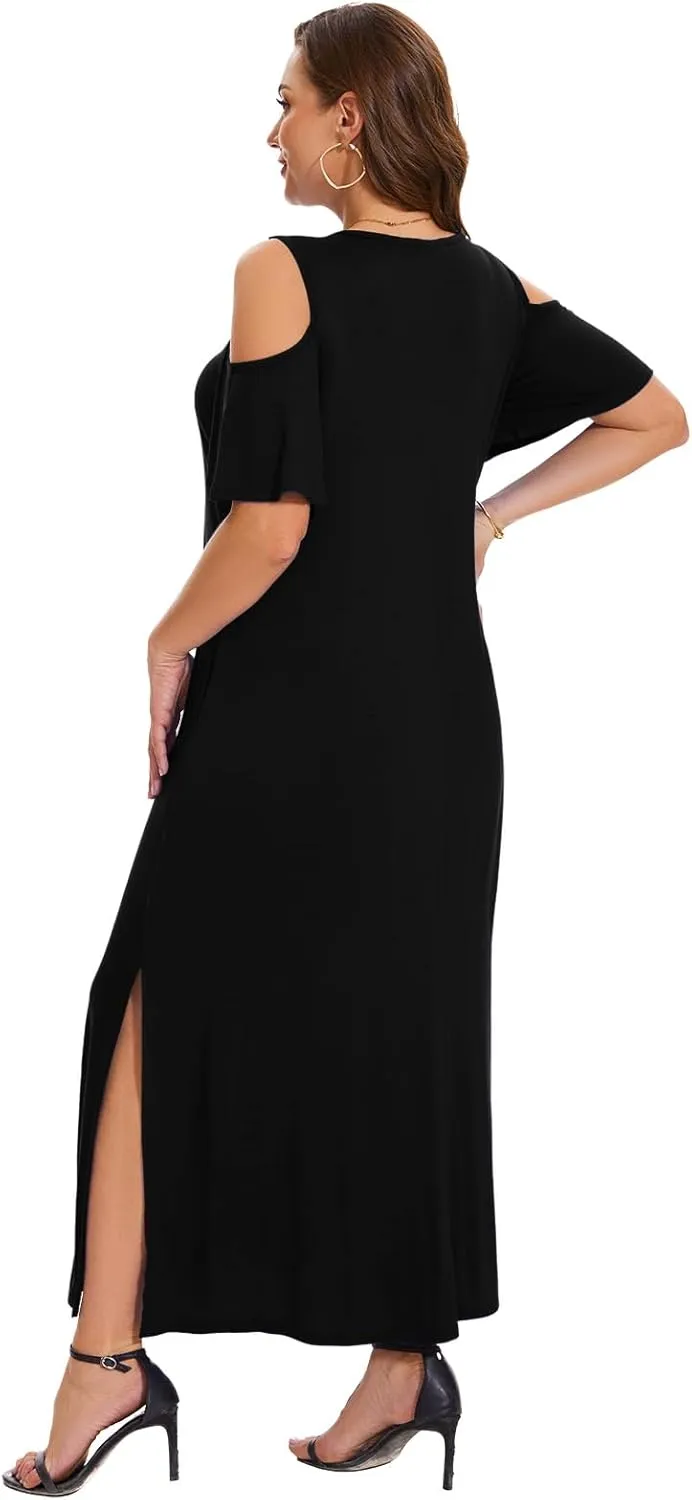 Plus Size Dresses for Women Summer V Neck Cold Shoulder Short Sleeve Split Long Beach Dresses with Pockets