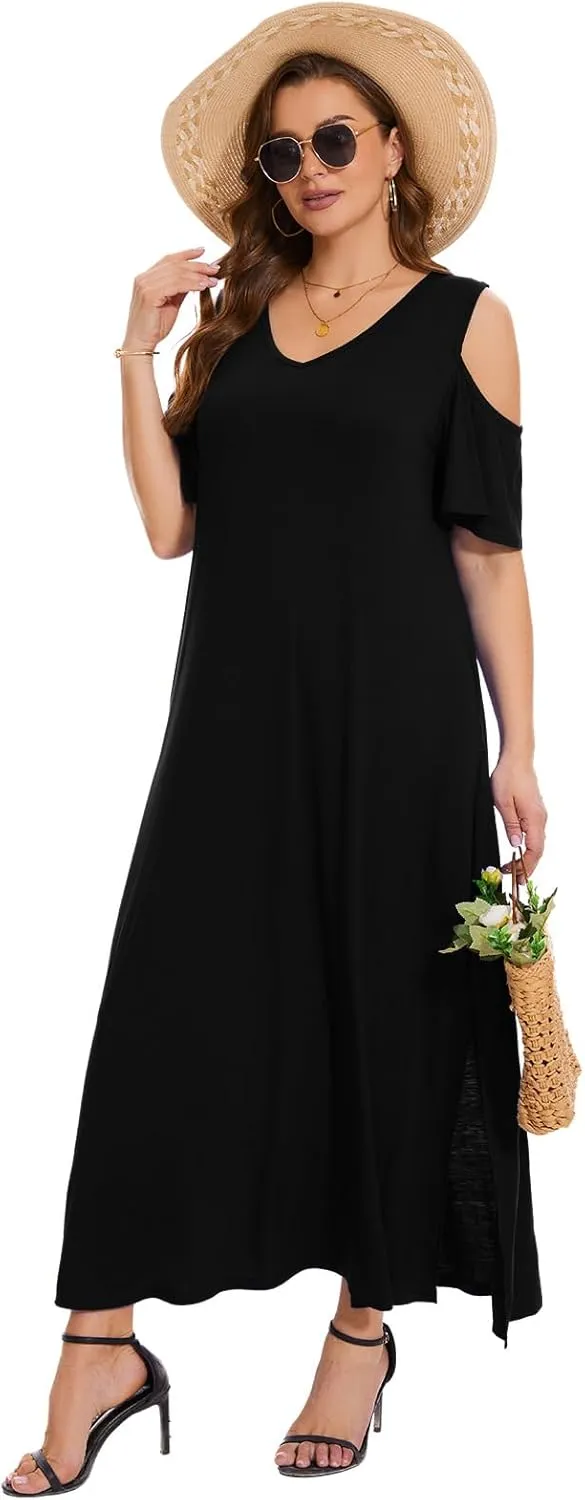 Plus Size Dresses for Women Summer V Neck Cold Shoulder Short Sleeve Split Long Beach Dresses with Pockets