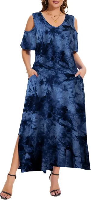 Plus Size Dresses for Women Summer V Neck Cold Shoulder Short Sleeve Split Long Beach Dresses with Pockets