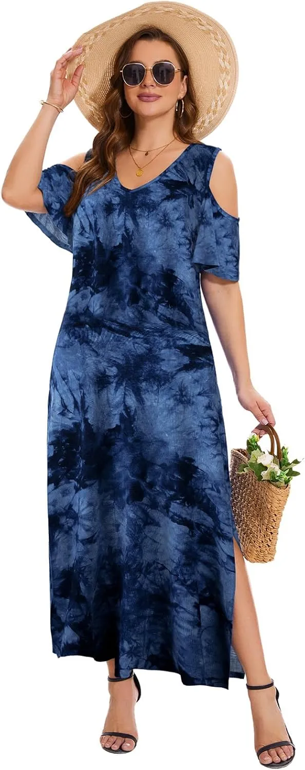 Plus Size Dresses for Women Summer V Neck Cold Shoulder Short Sleeve Split Long Beach Dresses with Pockets