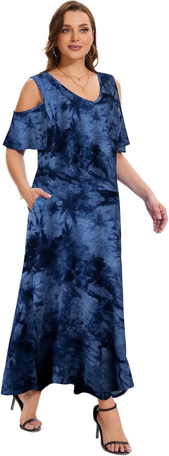 Plus Size Dresses for Women Summer V Neck Cold Shoulder Short Sleeve Split Long Beach Dresses with Pockets