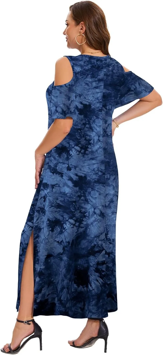 Plus Size Dresses for Women Summer V Neck Cold Shoulder Short Sleeve Split Long Beach Dresses with Pockets