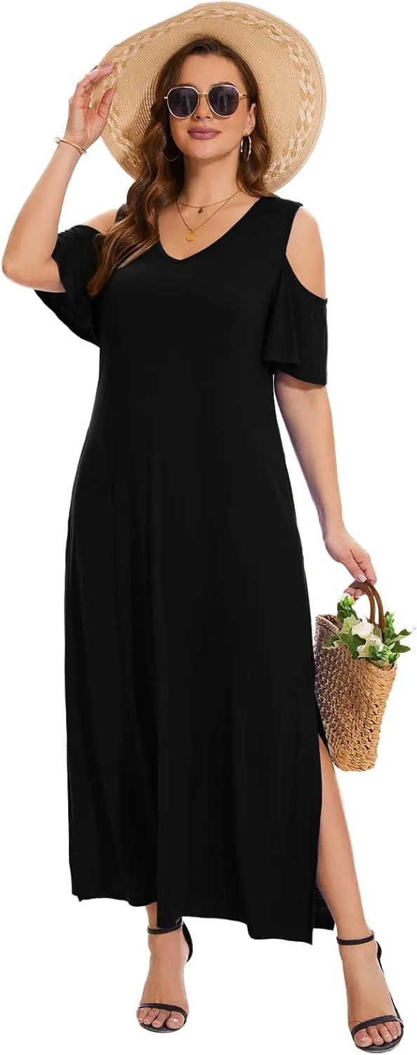 Plus Size Dresses for Women Summer V Neck Cold Shoulder Short Sleeve Split Long Beach Dresses with Pockets