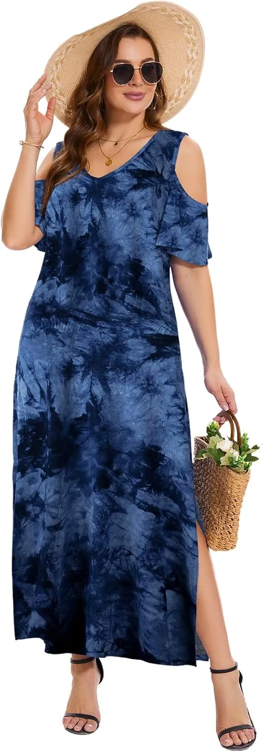 Plus Size Dresses for Women Summer V Neck Cold Shoulder Short Sleeve Split Long Beach Dresses with Pockets