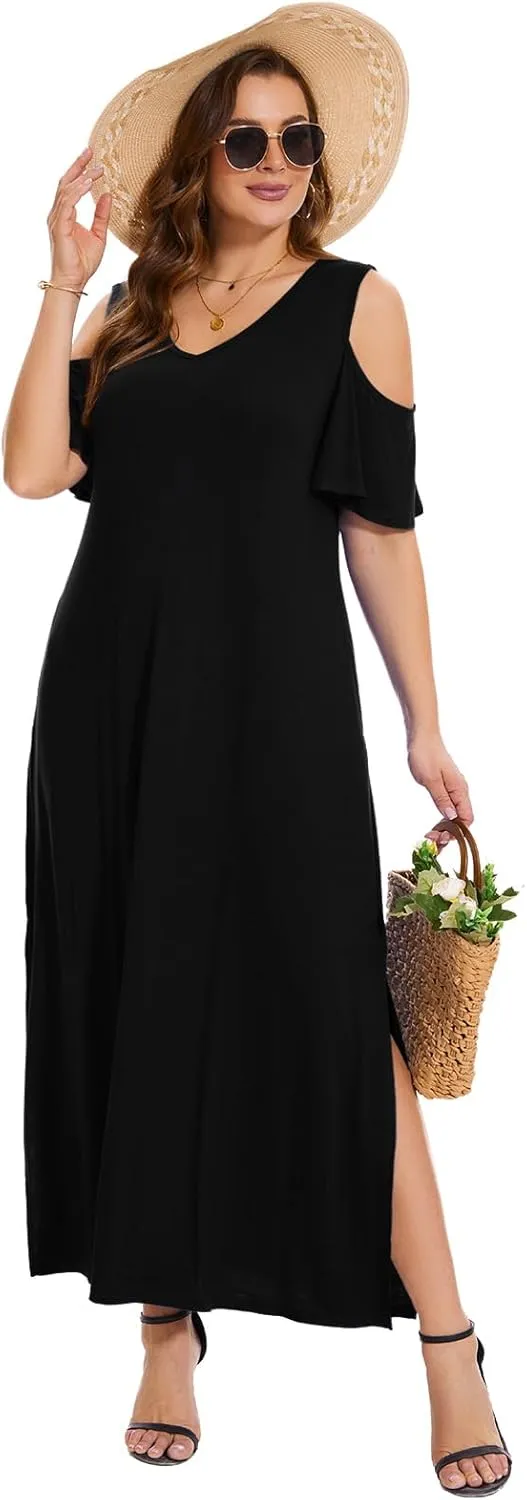 Plus Size Dresses for Women Summer V Neck Cold Shoulder Short Sleeve Split Long Beach Dresses with Pockets