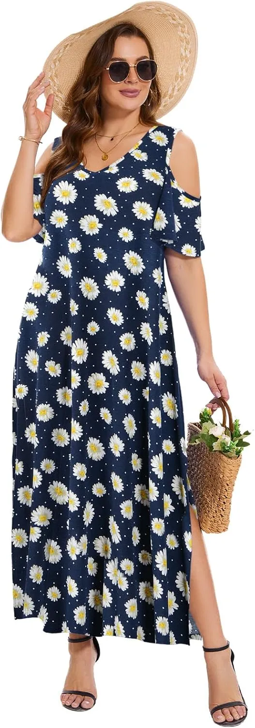 Plus Size Dresses for Women Summer V Neck Cold Shoulder Short Sleeve Split Long Beach Dresses with Pockets