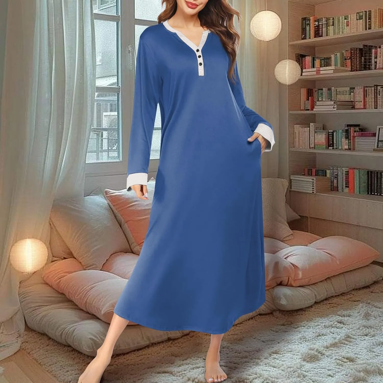 Plus Size Nightgowns for Women Soft Cotton Long Sleeve Midi Sleep Shirts Loose Fit Button Pajama Dress Sleepwear