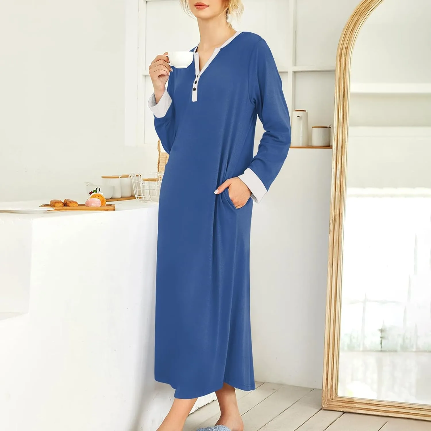 Plus Size Nightgowns for Women Soft Cotton Long Sleeve Midi Sleep Shirts Loose Fit Button Pajama Dress Sleepwear