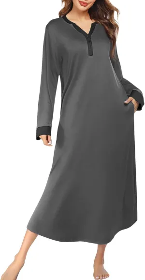 Plus Size Nightgowns for Women Soft Cotton Long Sleeve Midi Sleep Shirts Loose Fit Button Pajama Dress Sleepwear