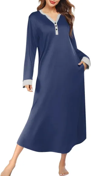 Plus Size Nightgowns for Women Soft Cotton Long Sleeve Midi Sleep Shirts Loose Fit Button Pajama Dress Sleepwear