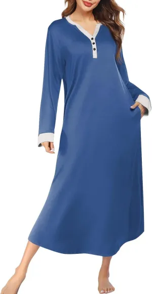 Plus Size Nightgowns for Women Soft Cotton Long Sleeve Midi Sleep Shirts Loose Fit Button Pajama Dress Sleepwear