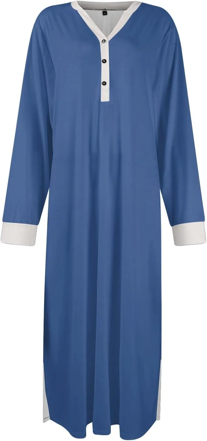 Plus Size Nightgowns for Women Soft Cotton Long Sleeve Midi Sleep Shirts Loose Fit Button Pajama Dress Sleepwear