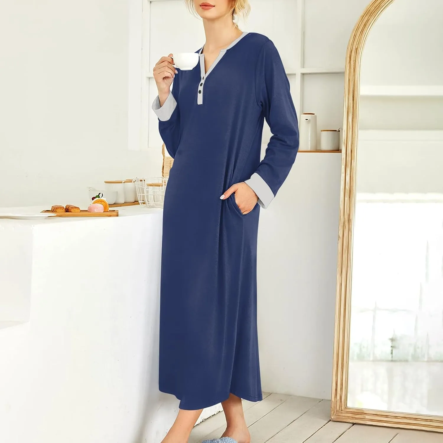 Plus Size Nightgowns for Women Soft Cotton Long Sleeve Midi Sleep Shirts Loose Fit Button Pajama Dress Sleepwear