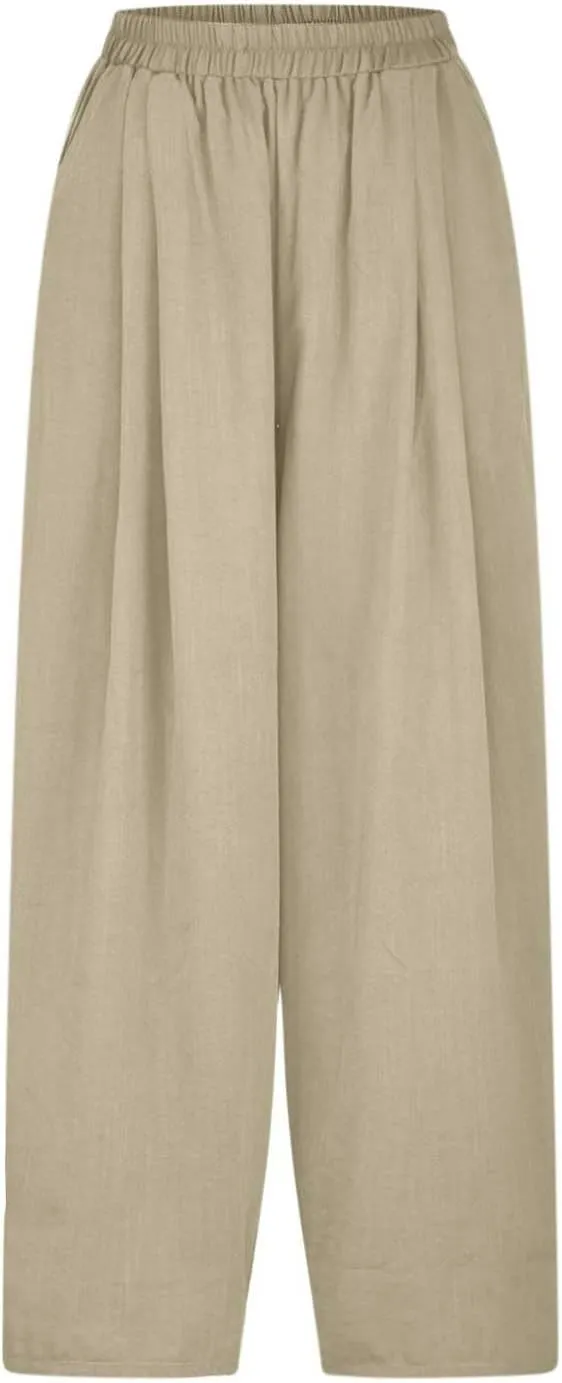 Plus Size Spring Cotton Linen Trousers for Women's Solid Elastic Waist Straight Tube Casual Wide Leg Lounge Pants