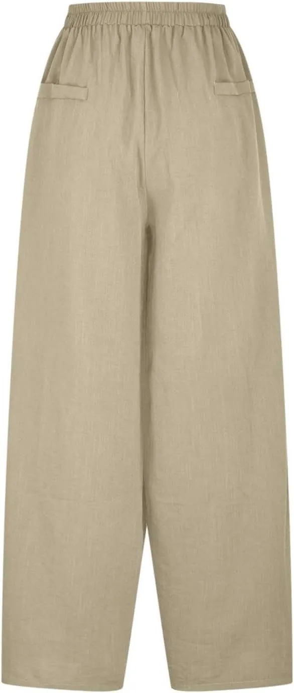 Plus Size Spring Cotton Linen Trousers for Women's Solid Elastic Waist Straight Tube Casual Wide Leg Lounge Pants