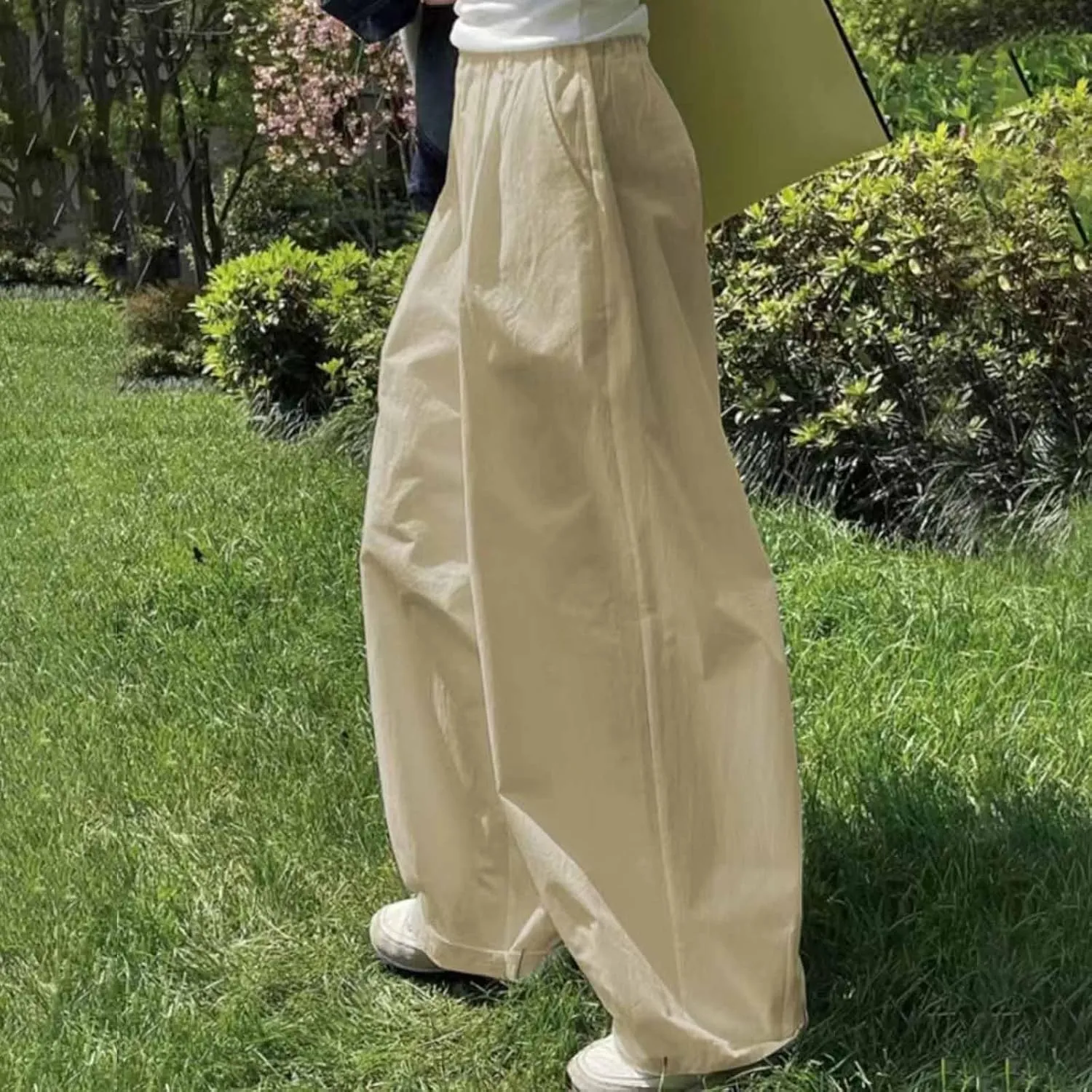 Plus Size Spring Cotton Linen Trousers for Women's Solid Elastic Waist Straight Tube Casual Wide Leg Lounge Pants