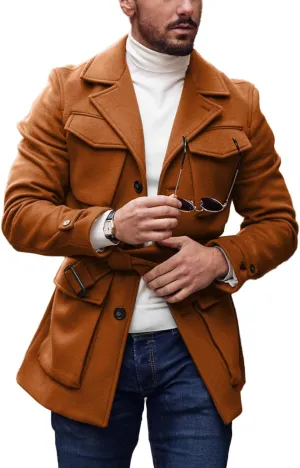 Pretifeel Mens Trench Coat Slim Fit Wool Blends Business Lapel Belted Overcoat Winter Casual Peacoat Jacket
