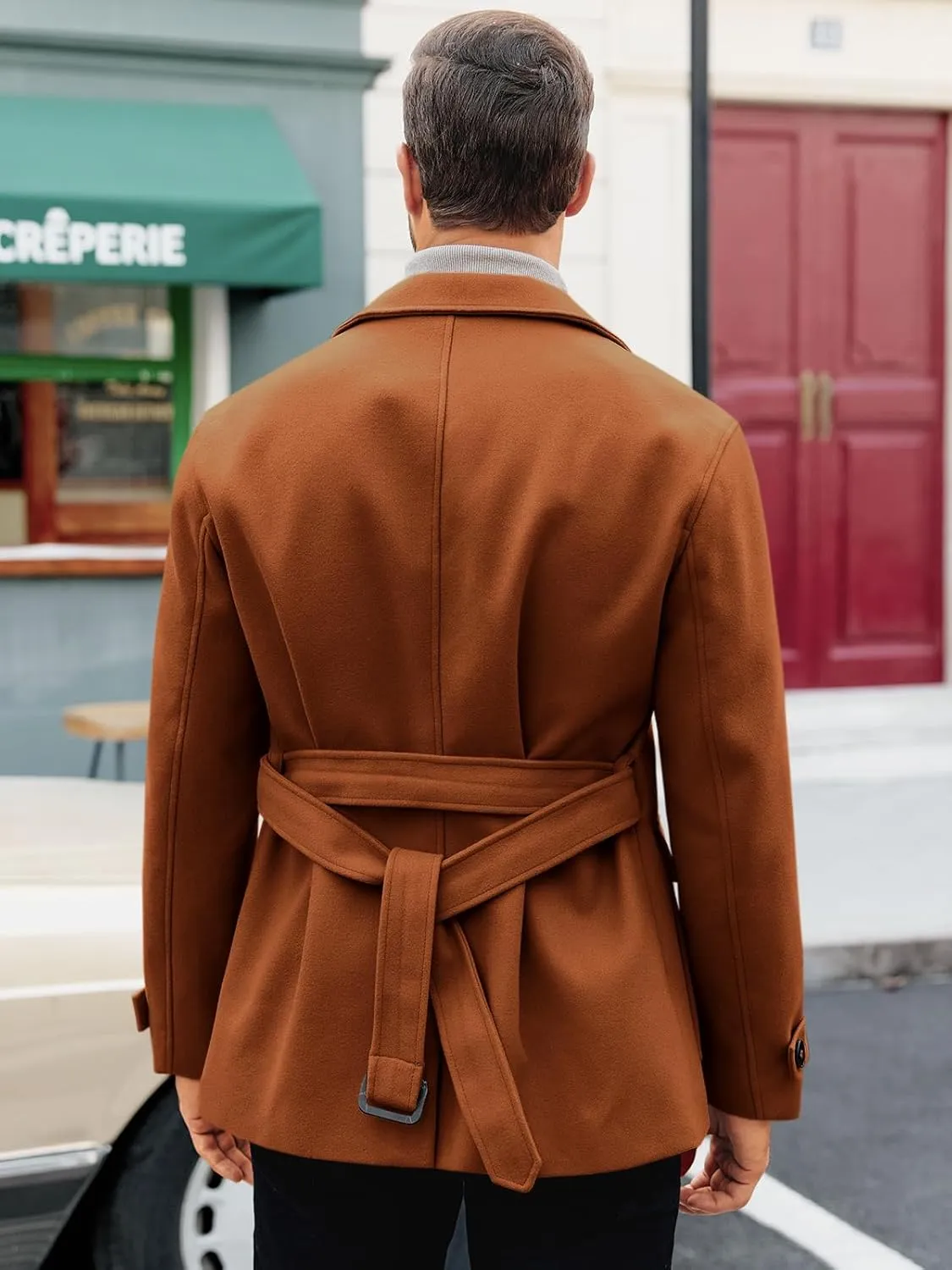 Pretifeel Mens Trench Coat Slim Fit Wool Blends Business Lapel Belted Overcoat Winter Casual Peacoat Jacket