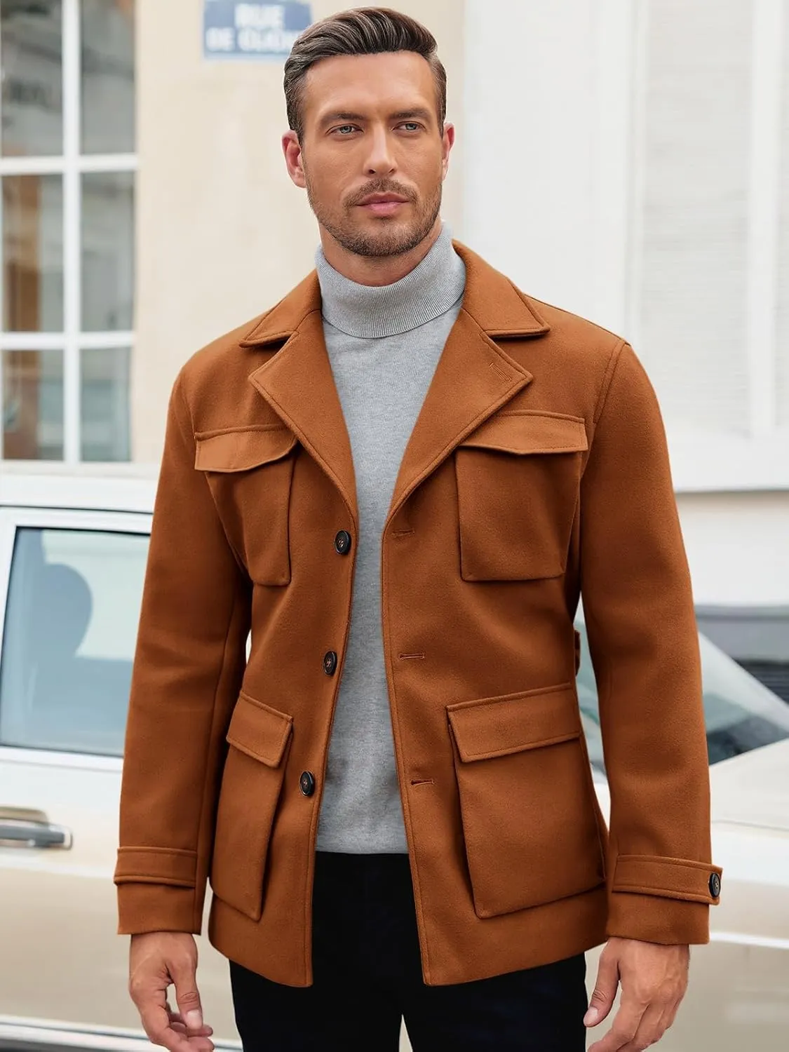 Pretifeel Mens Trench Coat Slim Fit Wool Blends Business Lapel Belted Overcoat Winter Casual Peacoat Jacket