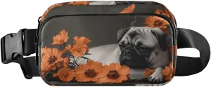 Pug with Floral Fanny Packs for Women Men, Water Resistant Waist Pack Sling Bag Purse for Travel Hiking