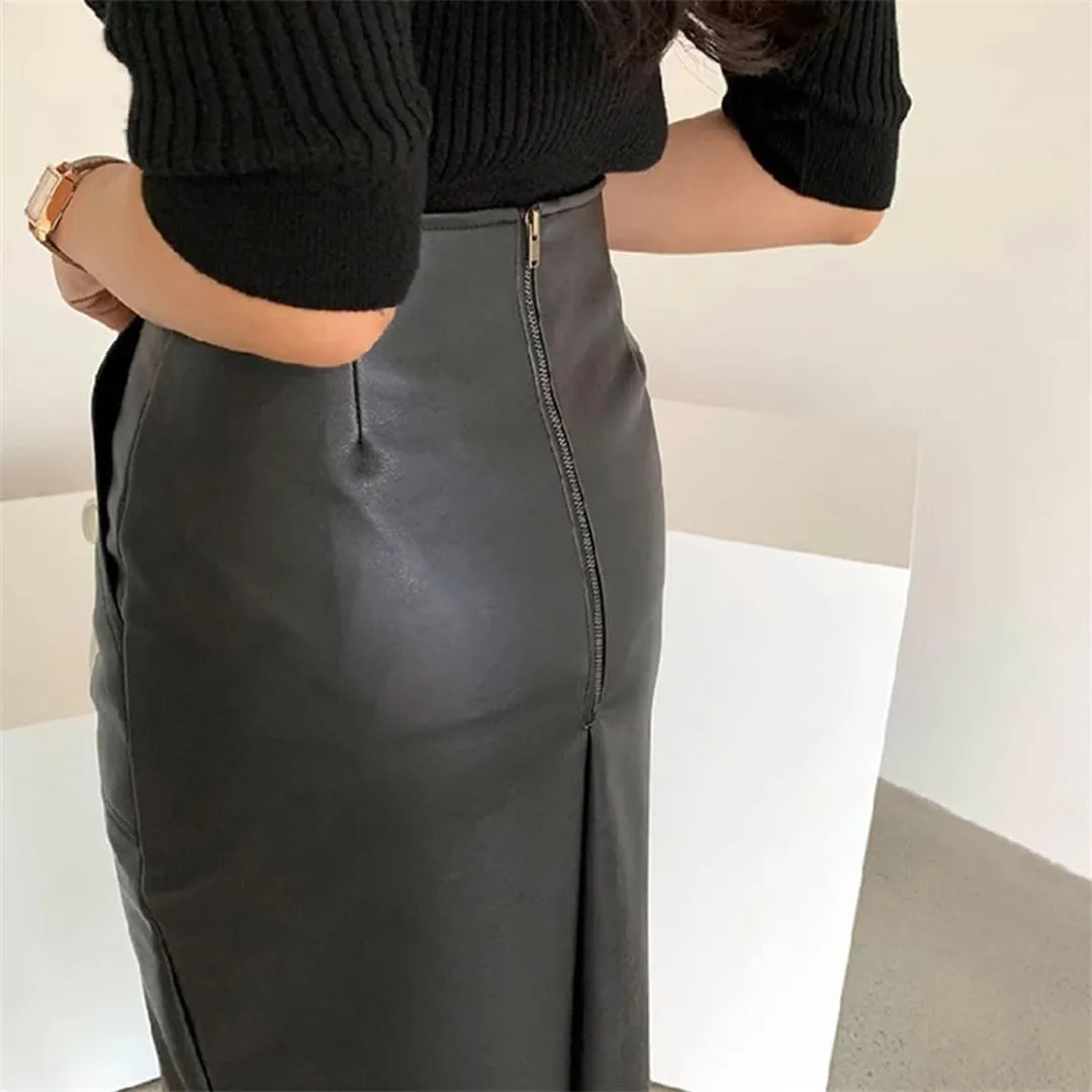 Pulcykp Women PU Leather Midi Skirt Package Hip Front Slit Pencil Skirt Streetwear Club Skirt
