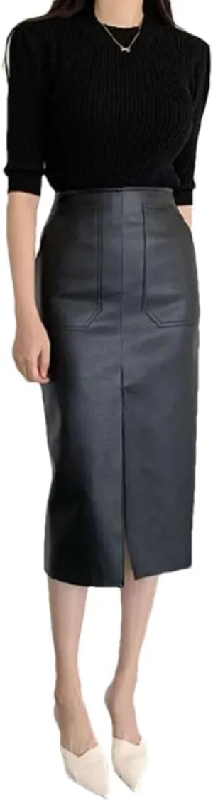 Pulcykp Women PU Leather Midi Skirt Package Hip Front Slit Pencil Skirt Streetwear Club Skirt