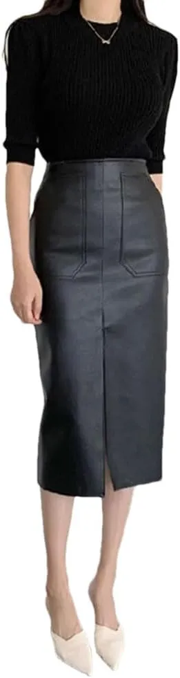Pulcykp Women PU Leather Midi Skirt Package Hip Front Slit Pencil Skirt Streetwear Club Skirt