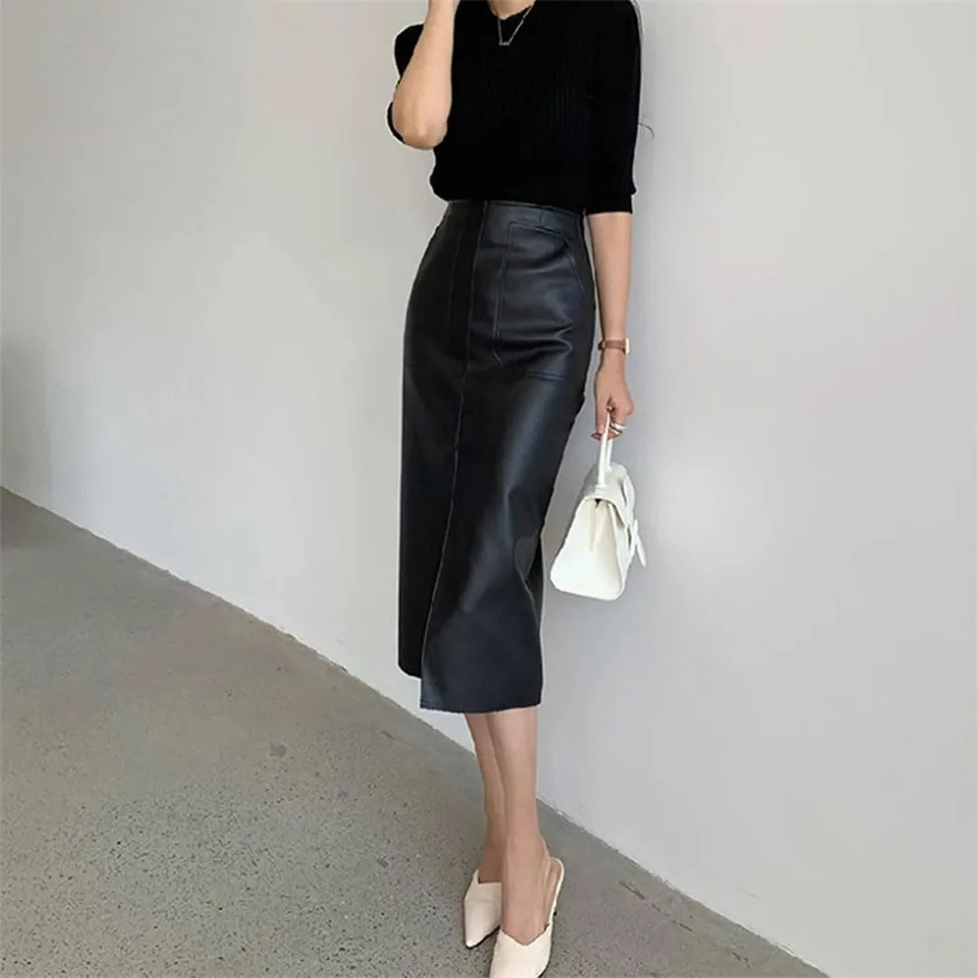 Pulcykp Women PU Leather Midi Skirt Package Hip Front Slit Pencil Skirt Streetwear Club Skirt
