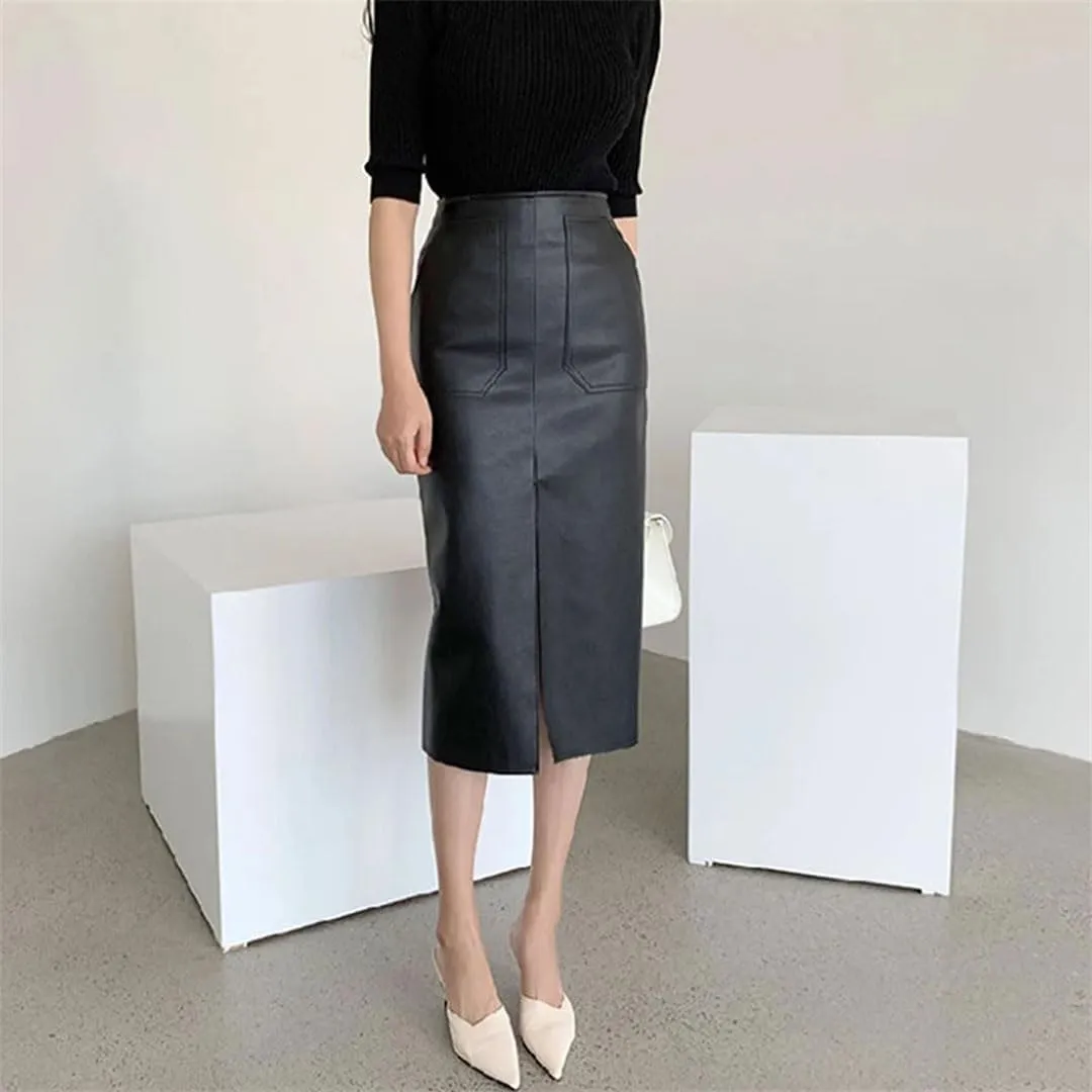 Pulcykp Women PU Leather Midi Skirt Package Hip Front Slit Pencil Skirt Streetwear Club Skirt