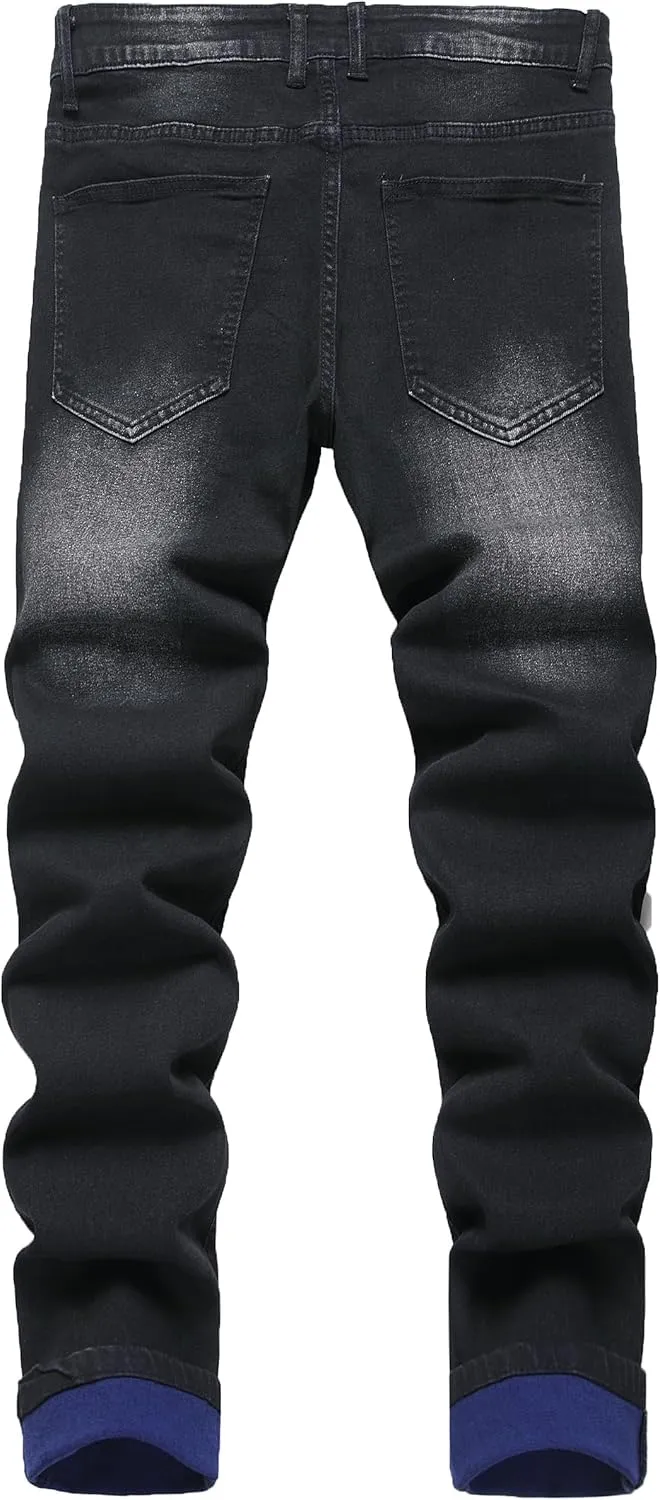 QIMYUM Mens Ripped Jeans, Distressed Destroyed Slim Fit Straight Leg Denim Pants