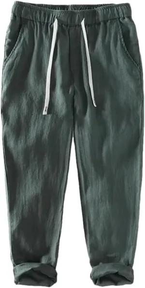 REHJJDFD Men Casual Pants Men's Linen Breathable Lanyard Trousers Baggy Harem Pants Solid Color Loose Comfy Yoga Pants