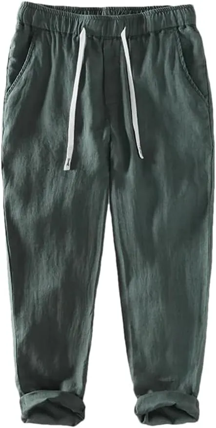 REHJJDFD Men Casual Pants Men's Linen Breathable Lanyard Trousers Baggy Harem Pants Solid Color Loose Comfy Yoga Pants
