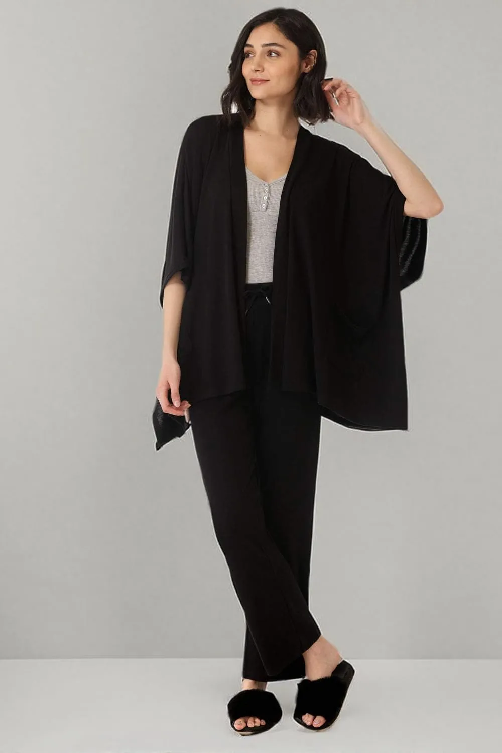 Rekucci Women's Loungewear Soft Knit Open Front Poncho Sweater