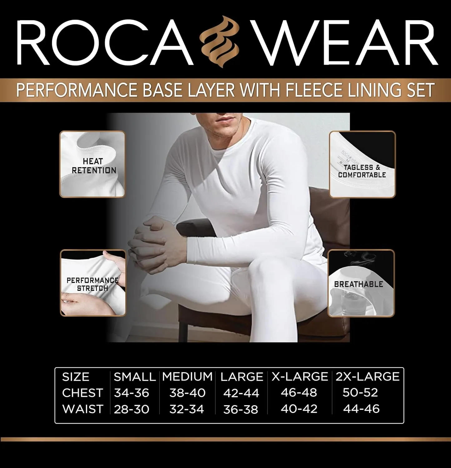 Rocawear 2-Pack Mens Long Underwear Set Thermal - Fleece Insulated Base Layer Shirt & Bottoms - Winter Inners/Undershirt