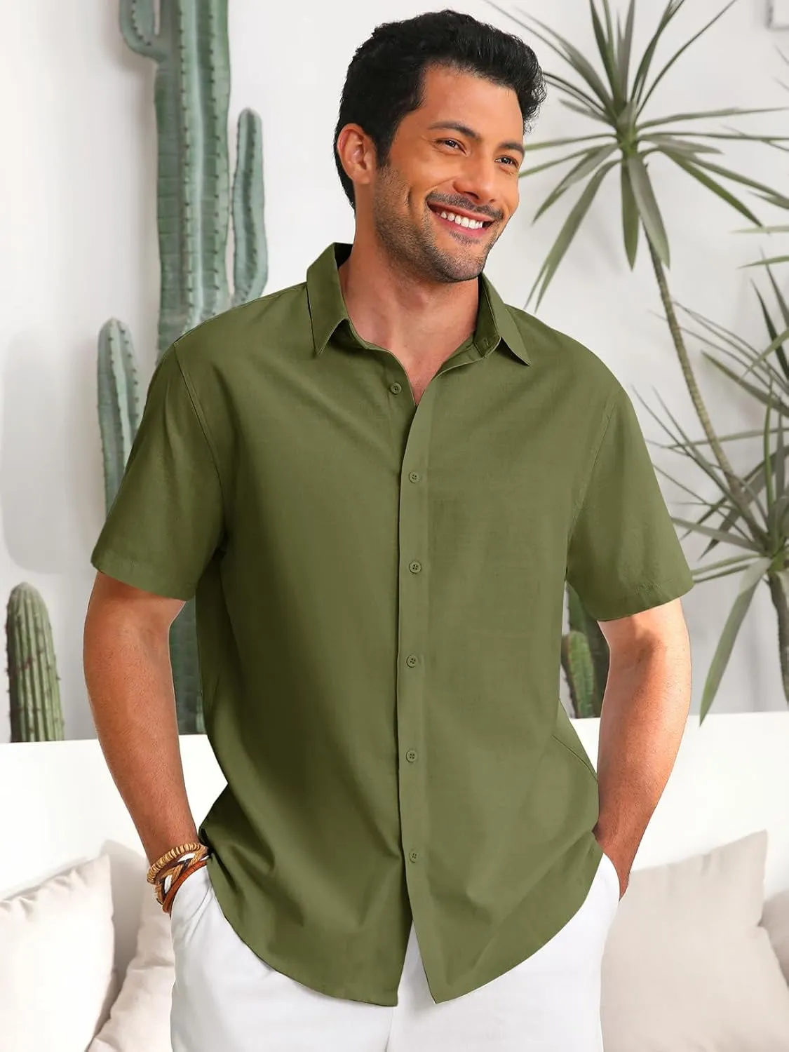 Runcati Mens Button Down Linen Shirts Short Sleeve Casual Collared Summer Beach Untucked Tops
