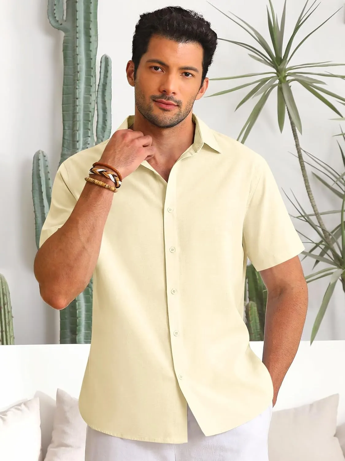 Runcati Mens Button Down Linen Shirts Short Sleeve Casual Collared Summer Beach Untucked Tops
