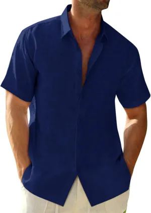 Runcati Mens Button Down Linen Shirts Short Sleeve Casual Collared Summer Beach Untucked Tops